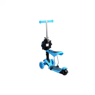 Trotineta pentru copii AliBibi 2 in 1 cu scaunel, cosulet buburuza si roti luminoase, albastra