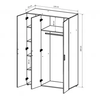 Dulap ALMA L, 3 usi, 6 rafturi, bara de haine, pin antichizat, 120x52x203 cm