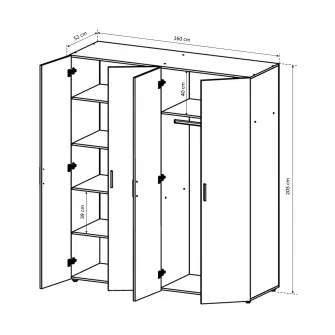 Dulap ALMA L, 4 usi, 6 rafturi, bara de haine, alb, 160x52x203 cm