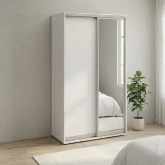 Dulap Cupe Fenix cu 2 usi, 1 PAL + 1 Oglinda, Alb, 140x60x240 cm