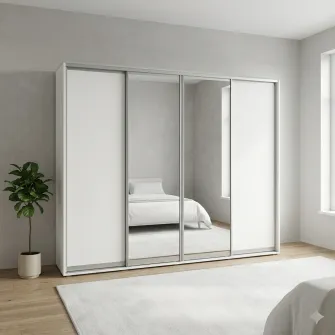 Dulap Cupe Fenix cu 4 usi, 2 PAL + 2 Oglinda, Alb, 280x60x220 cm