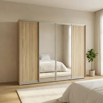 Dulap Cupe Fenix cu 4 usi, 2 PAL + 2 Oglinda, Sonoma, 300x60x240 cm