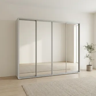 Dulap Cupe Fenix cu 4 usi, 4 Oglinda, Alb, 300x60x240 cm