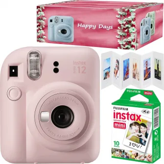 Set aparat foto instant Fujifilm Instax mini 12, Blossom Pink cu 10 filme, rama acordeon si cutie Happy Days
