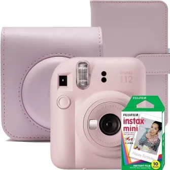 Set aparat foto instant Fujifilm Instax mini 12, Blossom Pink cu husa, album foto si film 1x10