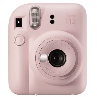 Set aparat foto instant Fujifilm Instax mini 12, Blossom Pink cu 10 filme, rama acordeon si cutie Happy Days