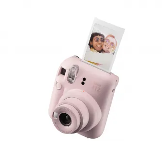 Set aparat foto instant Fujifilm Instax mini 12, Blossom Pink cu 10 filme, rama acordeon si cutie Happy Days
