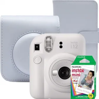 Set aparat foto instant Fujifilm Instax mini 12, Clay White cu husa, album foto si film 1x10