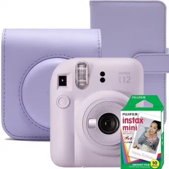 Set aparat foto instant Fujifilm Instax mini 12, Lilac Purple cu husa, album foto si film 1x10