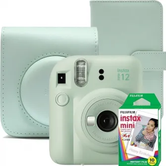 Set aparat foto instant Fujifilm Instax mini 12, Mint green cu husa, album foto si film 1x10