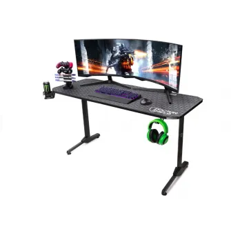 Birou Gaming, Dr.Shield EVO 2.0, King Size XL, 140 x 60 x 75 CM, Cadru Otel, Blat Fibra de Carbon, Mouse Pad XXL Full Cover - Negru