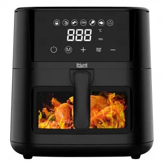 Friteuza cu aer cald iHunt Bro Air Fryer Ultra 4.2L, 1200W, Timer 60 min, Termostat reglabil 80–200°C, Geam vizual, Indicator, Oprire automata, Protectie supraincalzire, Inox, 33 x 24.5cm, Black