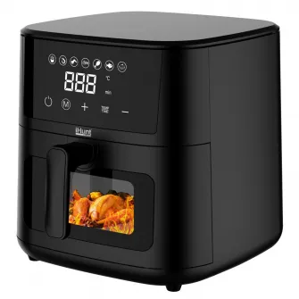 Friteuza cu aer cald iHunt Bro Air Fryer Ultra 4.2L, 1200W, Timer 60 min, Termostat reglabil 80–200°C, Geam vizual, Indicator, Oprire automata, Protectie supraincalzire, Inox, 33 x 24.5cm, Black