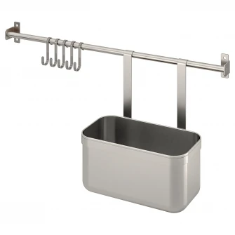 IKEA KUNGSFORS Bara cu 5 carlige si 1 recipient, inox, 56 cm