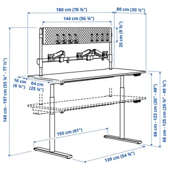 IKEA MÅLOMRÅDE Birou gaming cu inaltime reglabila, cu brate monitor/electric negru, 180x80 cm