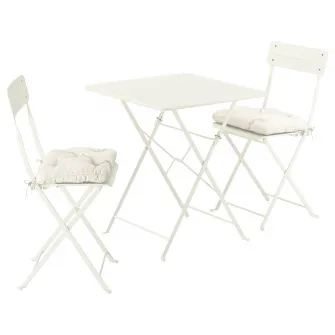 IKEA SUNDSÖ Masa + 2 scaune pliante, exterior alb murdar/alb murdar Kuddarna gri deschis-bej, 65x65 cm