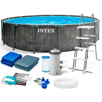 Piscina Intex 26742 GreyWood Premium,  cadru metalic, 457 x 122 cm,  pompa de filtrare + panou protectie + scara