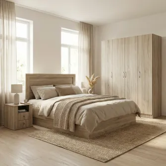 Dormitor Hoff City 7063, pentru saltea 160x200 cm, cu pat, 2 noptiere, 2 dulapuri, Stejar Sonoma Inchis