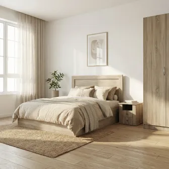 Dormitor Hoff City 7063, pentru saltea 160x200 cm, cu pat, 2 noptiere, 2 dulapuri, Stejar Sonoma Inchis