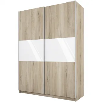Dulap Hoff Garo 150x59x207 cm, usi glisante, polite, bara haine, Culoare Sonoma Arwen, Alb Gloss