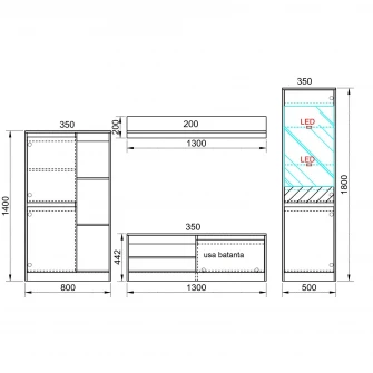 Living Hoff Martin, 260x35,5x181, modular, LED, Sonoma/Alb neted