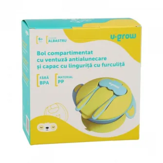 Bol compartimentat cu ventuza antialunecare si capac cu lingurita si furculita, Albastru