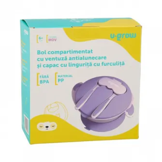 Bol compartimentat cu ventuza antialunecare si capac cu lingurita si furculita, Mov