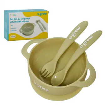 Set bol cu lingurita si furculita din silicon, Olive