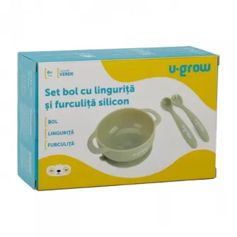 Set bol cu lingurita si furculita din silicon, Olive