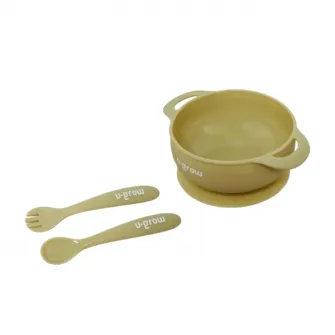 Set bol cu lingurita si furculita din silicon, Olive