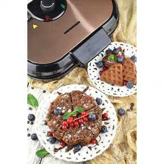 Aparat de facut gofre/vafe Heinner Copper Crown HWF-1000CR, 1000W, buton reglare temperatura, placi cu invelis antiaderent, plite gofre: 13.97 cm, negru/aramiu