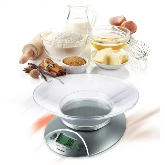 Cantar de bucatarie cu Bol Heinner HKS-5SL, 5 Kg, Tara, functie cantarire lichide, 1 g, display lcd, Argintiu