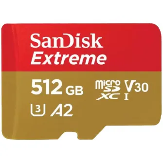 Card de memorie SanDisk Extreme microSDXC 512GB, pana la 190MB/s & 130MB/s Read/Write speeds A2 C10 V30 UHS-I U3 + SD Adapter