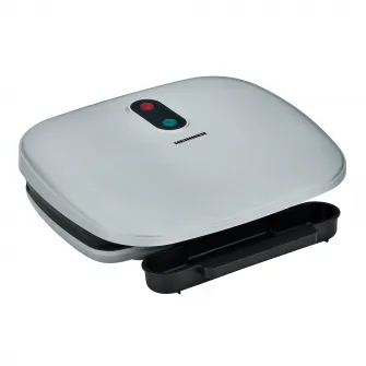 Gratar electric Heinner AriaGrill HEG-F1000SL, 1000W; placi fixe turnate 27 X 23 cm, invelis antiaderent, maner rece, Indicator luminos, tava pentru colectare ulei, Argintiu
