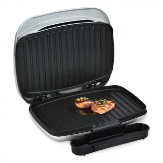 Gratar electric Heinner AriaGrill HEG-F1000SL, 1000W; placi fixe turnate 27 X 23 cm, invelis antiaderent, maner rece, Indicator luminos, tava pentru colectare ulei, Argintiu
