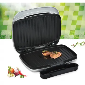 Gratar electric Heinner AriaGrill HEG-F1000SL, 1000W; placi fixe turnate 27 X 23 cm, invelis antiaderent, maner rece, Indicator luminos, tava pentru colectare ulei, Argintiu
