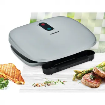 Gratar electric Heinner AriaGrill HEG-F1000SL, 1000W; placi fixe turnate 27 X 23 cm, invelis antiaderent, maner rece, Indicator luminos, tava pentru colectare ulei, Argintiu