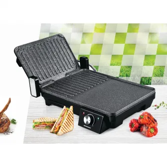 Gratar electric Heinner HEG-F20002P, 2000 W, deschidere 105° si 180°, invelis marmura anti-adeziv, Negru