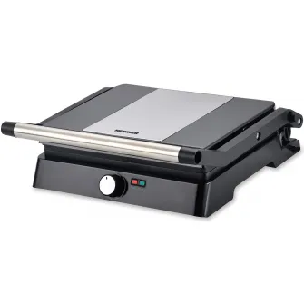 Gratar electric Heinner HEPG-F2000BKSS, placi fixe antiadezive, deschidere 180°, temperatura reglabila, Negru/Inox