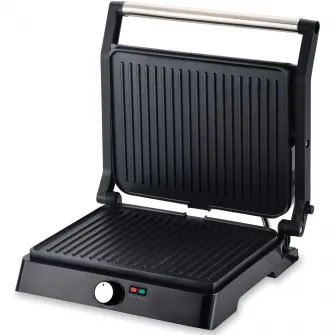 Gratar electric Heinner HEPG-F2000BKSS, placi fixe antiadezive, deschidere 180°, temperatura reglabila, Negru/Inox