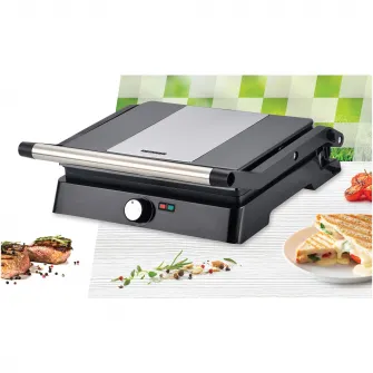 Gratar electric Heinner HEPG-F2000BKSS, placi fixe antiadezive, deschidere 180°, temperatura reglabila, Negru/Inox