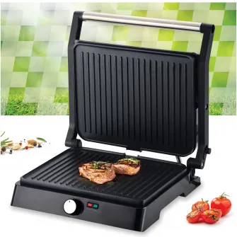 Gratar electric Heinner HEPG-F2000BKSS, placi fixe antiadezive, deschidere 180°, temperatura reglabila, Negru/Inox