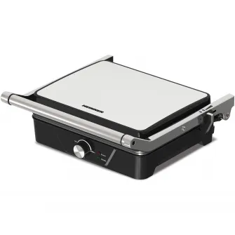 Grill electric Heinner GrillChef HEG-K2000CP, 2000W, placi fixe cu invelis antiaderent, dimensiuni placi 30 X 24.9 cm, temperatura reglabila, maner rece, deschidere 180˚, indicatoare luminoase „ON” și „gata de folosire”, tava pentru colectare ulei, negru/