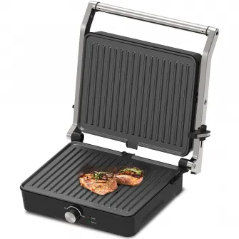 Grill electric Heinner GrillChef HEG-K2000CP, 2000W, placi fixe cu invelis antiaderent, dimensiuni placi 30 X 24.9 cm, temperatura reglabila, maner rece, deschidere 180˚, indicatoare luminoase „ON” și „gata de folosire”, tava pentru colectare ulei, negru/