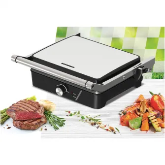Grill electric Heinner GrillChef HEG-K2000CP, 2000W, placi fixe cu invelis antiaderent, dimensiuni placi 30 X 24.9 cm, temperatura reglabila, maner rece, deschidere 180˚, indicatoare luminoase „ON” și „gata de folosire”, tava pentru colectare ulei, negru/