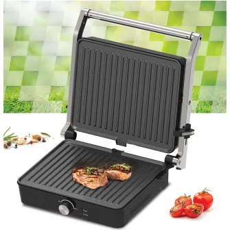 Grill electric Heinner GrillChef HEG-K2000CP, 2000W, placi fixe cu invelis antiaderent, dimensiuni placi 30 X 24.9 cm, temperatura reglabila, maner rece, deschidere 180˚, indicatoare luminoase „ON” și „gata de folosire”, tava pentru colectare ulei, negru/
