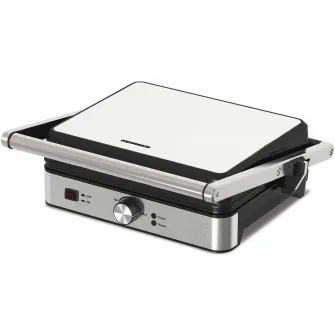 Grill electric Heinner SunsetGrill HEG-K2000SS, 2000W, placi fixe cu invelis antiaderent, dimensiuni placi: 30 X 24.9 cm, temperatura reglabila, maner rece, deschidere 180˚, indicatoare luminoase „ON” și „gata de folosire”, tava colectare ulei, inox