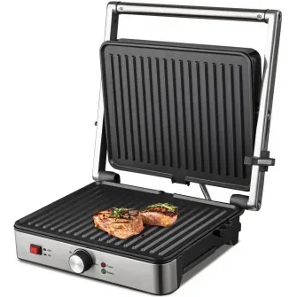 Grill electric Heinner SunsetGrill HEG-K2000SS, 2000W, placi fixe cu invelis antiaderent, dimensiuni placi: 30 X 24.9 cm, temperatura reglabila, maner rece, deschidere 180˚, indicatoare luminoase „ON” și „gata de folosire”, tava colectare ulei, inox