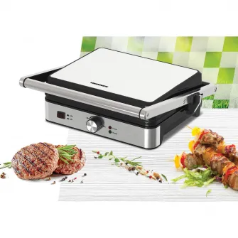 Grill electric Heinner SunsetGrill HEG-K2000SS, 2000W, placi fixe cu invelis antiaderent, dimensiuni placi: 30 X 24.9 cm, temperatura reglabila, maner rece, deschidere 180˚, indicatoare luminoase „ON” și „gata de folosire”, tava colectare ulei, inox