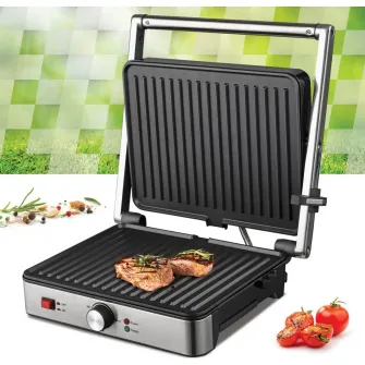 Grill electric Heinner SunsetGrill HEG-K2000SS, 2000W, placi fixe cu invelis antiaderent, dimensiuni placi: 30 X 24.9 cm, temperatura reglabila, maner rece, deschidere 180˚, indicatoare luminoase „ON” și „gata de folosire”, tava colectare ulei, inox
